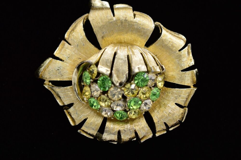 Coro Vintage Crystal Flower Pin Brooch Green Yellow Gold Tone Signed 1950s BinAC